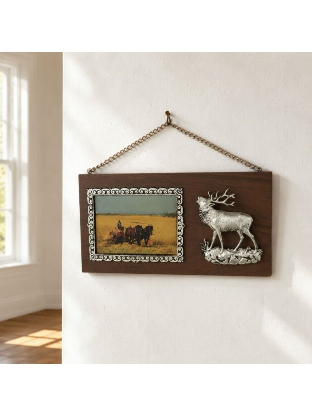 Vintage Wood Plaque With Silver Elk Figurine and Framed Horse Scene Canada 12"